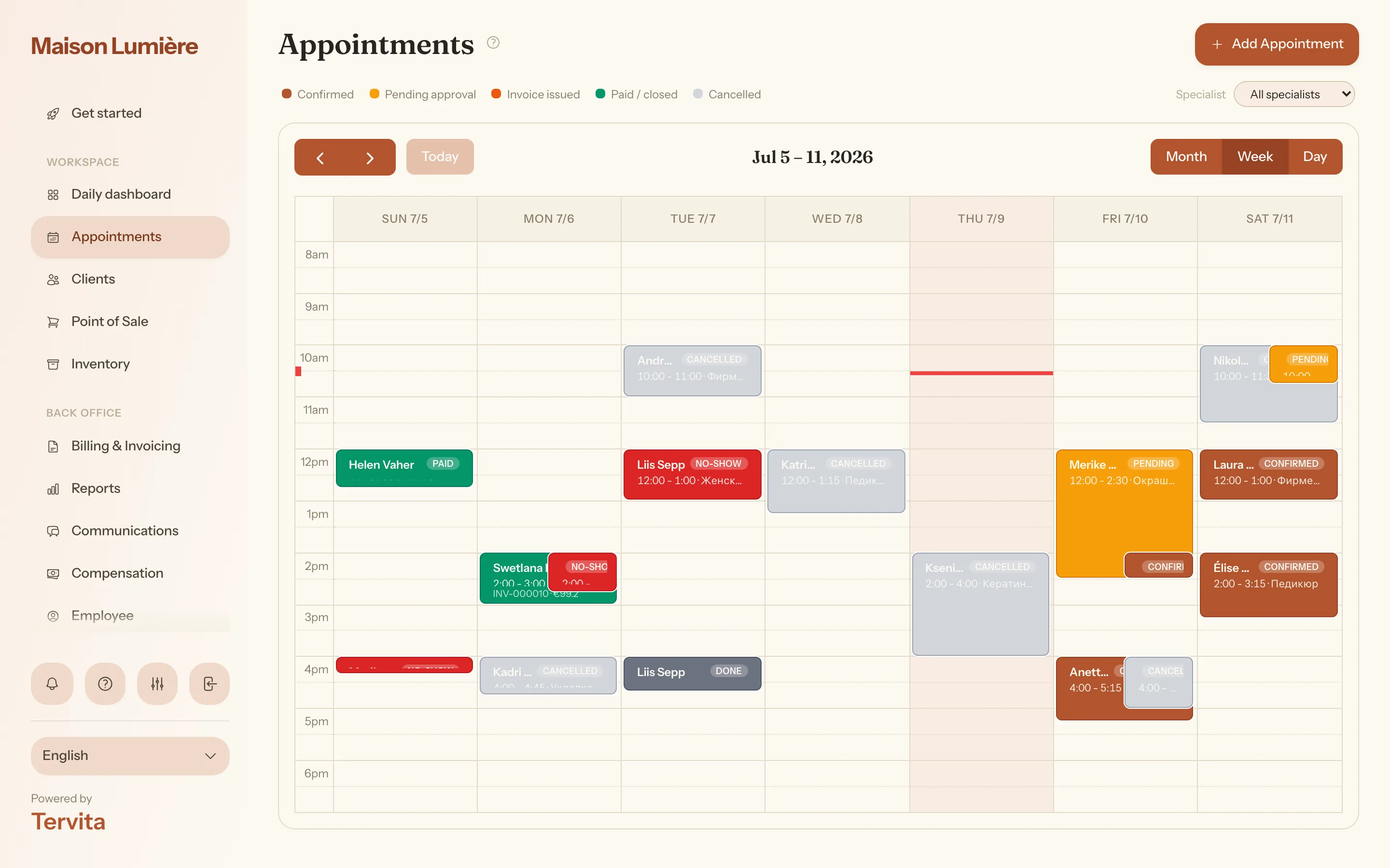 The appointments calendar in week view