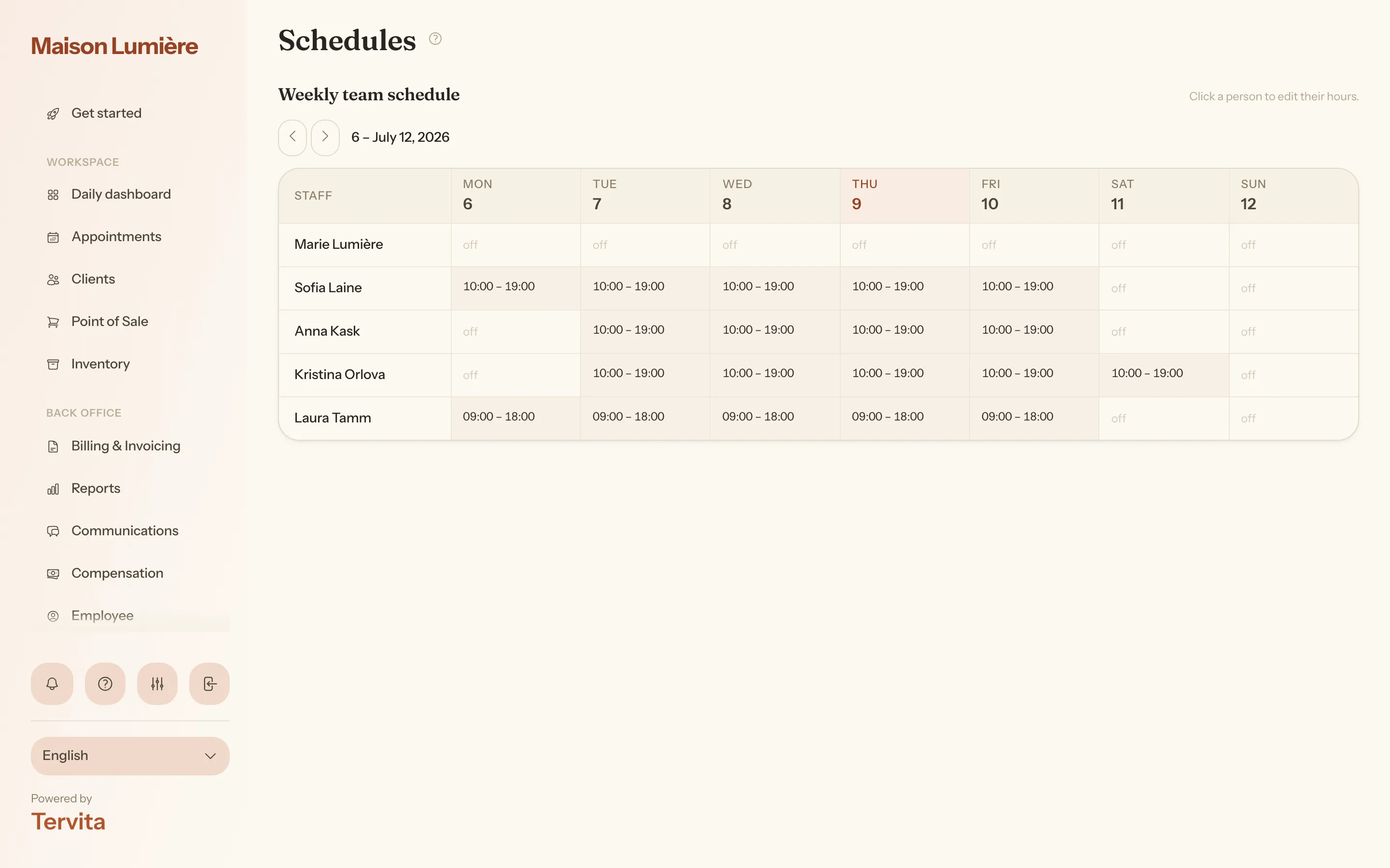 The Schedules page with clinic working hours