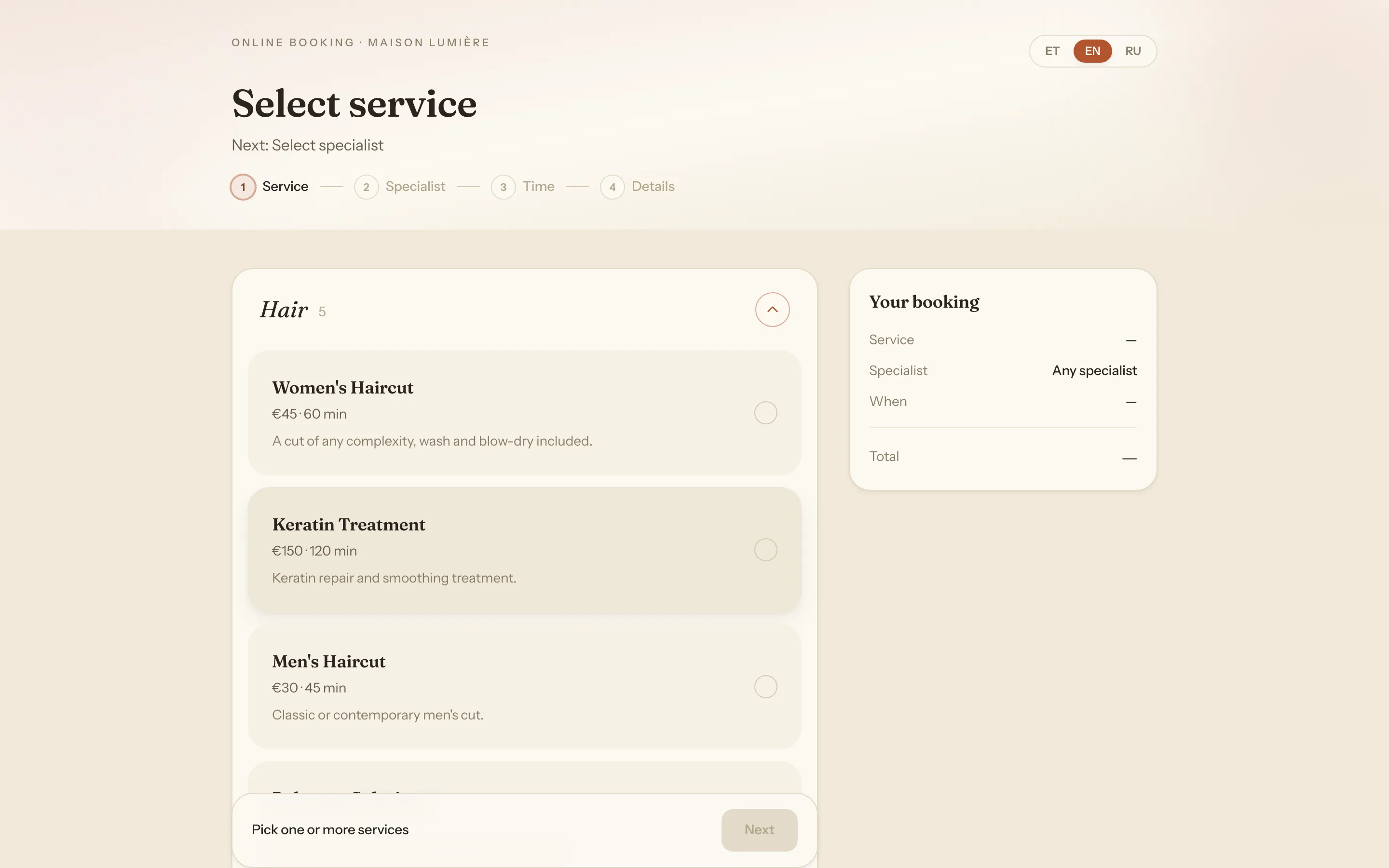 The public booking page: service selection step