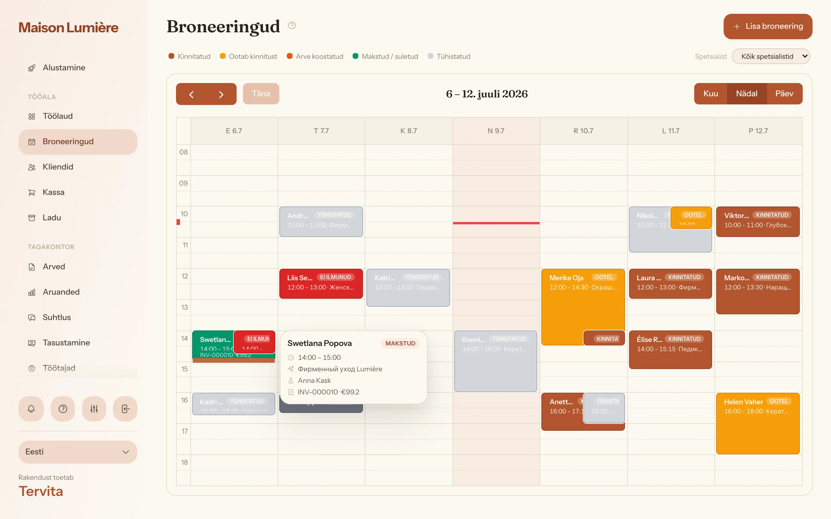 Broneeringute kalender nädalavaates