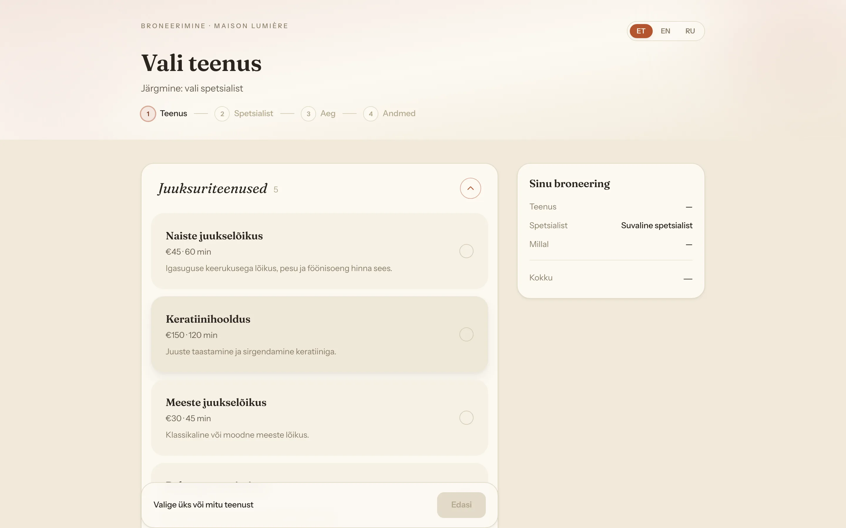 Avalik broneerimisleht: teenuse valiku samm