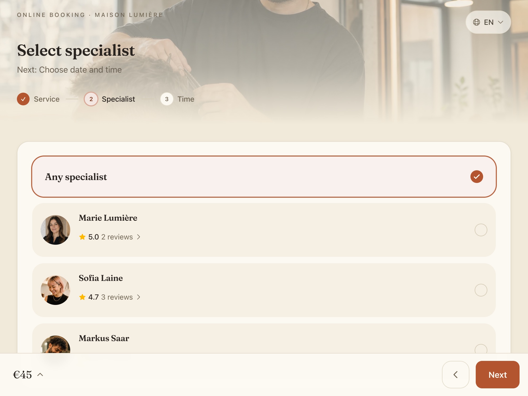 Tervita booking page in the warm Aesthetic theme