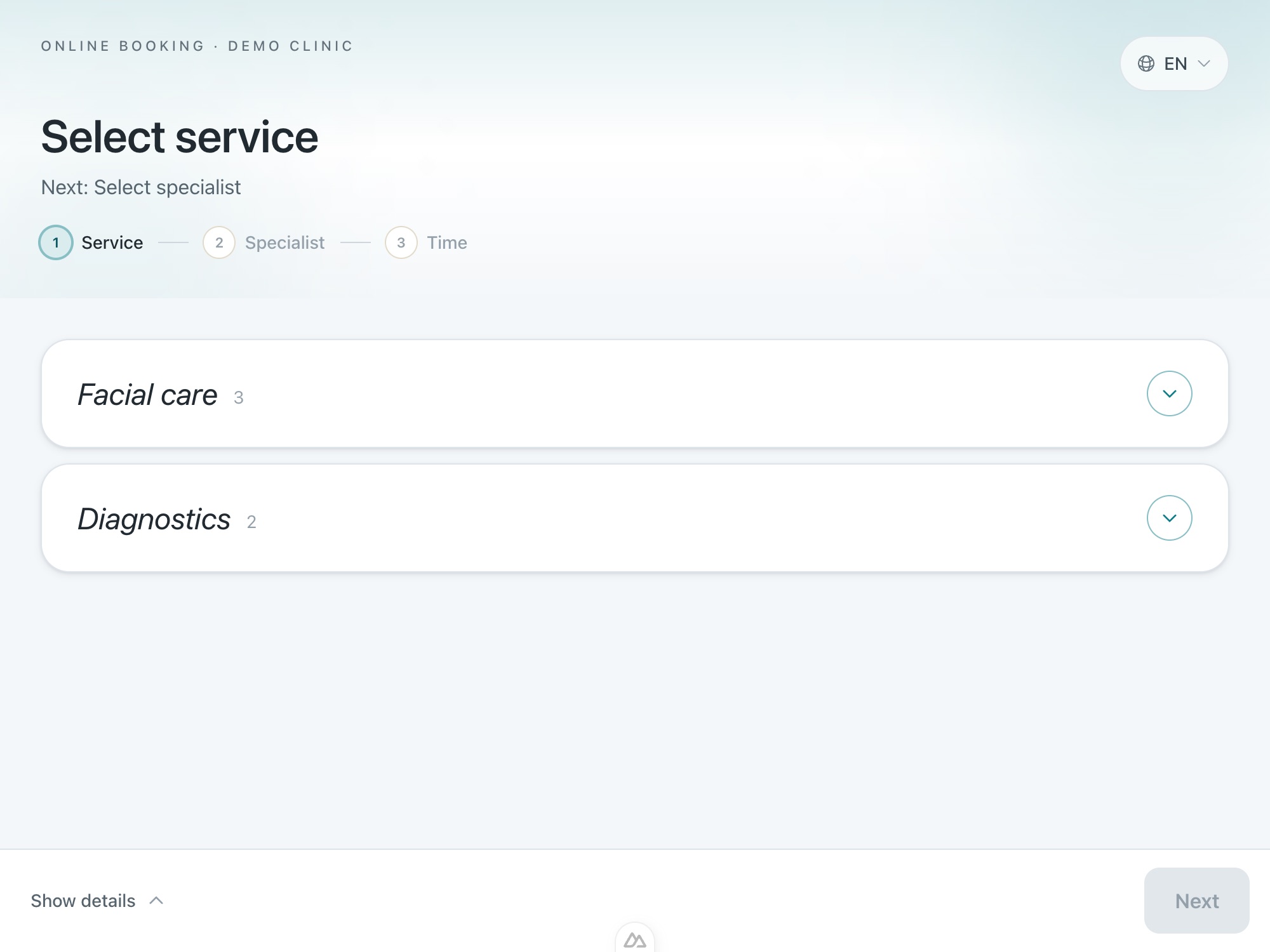 Tervita booking page in the calm Clinic theme