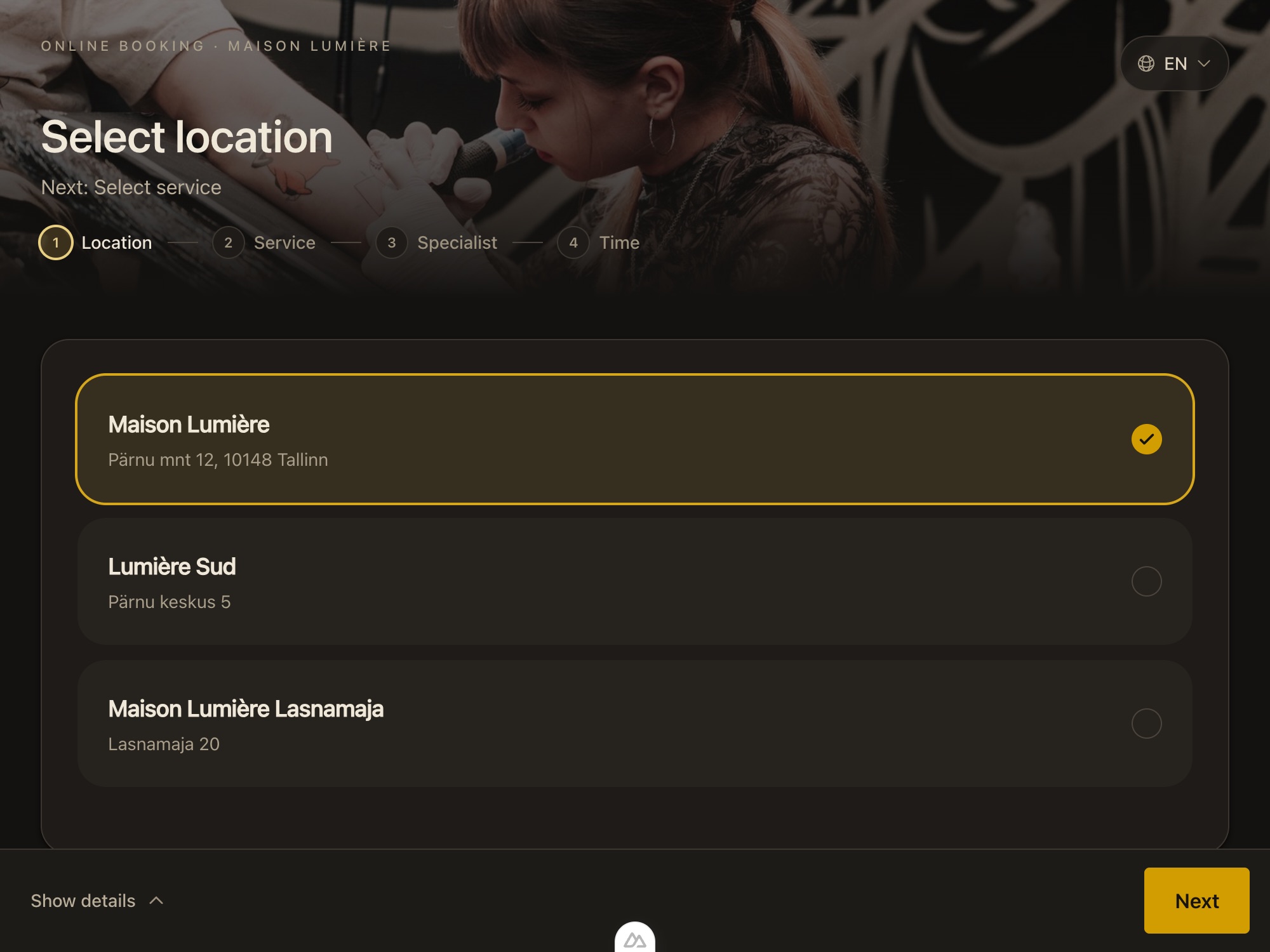 Tervita booking page in the dark Barbershop-Tattoo theme with a tattoo artist cover photo